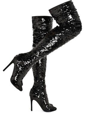 Women's Black Leather Sparkly Peep Toe Stiletto Heel Thigh High Boots